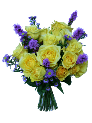 Yellow-Purple Swirl - Yellow Roses Flower Bouquet - Bright yellow roses blend with two shades of purple to create a delightful and uplifting bouquet. Absolutely brilliant. 

Picture it. A FedEx driver delivers a package. The recipient does not know what's in the box. He or she opens it up and out comes a fresh bouquet of yellow roses still in the bud stage along with purple flowers to give it that extra flair. The recpient is so excited that they immediately call to thank you. That sounds like a pretty good scenario. Why not place an order today and let someone special experience that wonderful feeling?

Order this hand-tied flower bouquet by 1:00 EST for FedEx next day delivery Tuesday-Saturday. Elegant vases and other special items are available during checkout. Overnight delivery Tuesday - Friday is $10.99, Saturday is $19.99. 

Satisfaction with your flowers is guaranteed. All of our flower bouquets are shipped farm fresh. Your flowers come hand-tied, budding, and ready to make someone smile.<br><br>Code:10008-1852-10008-0000082816